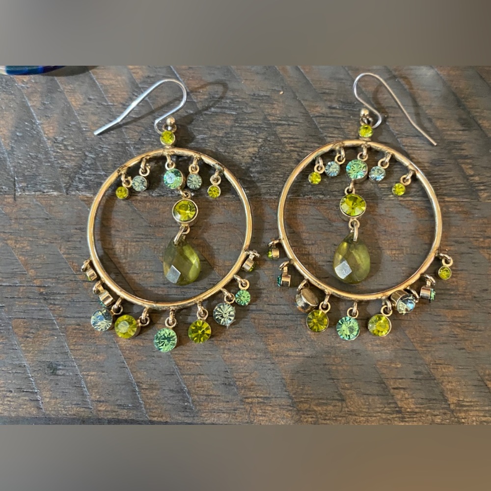 Womens Large Green Rhinestone Dangle Post Earrings Costume Boho look